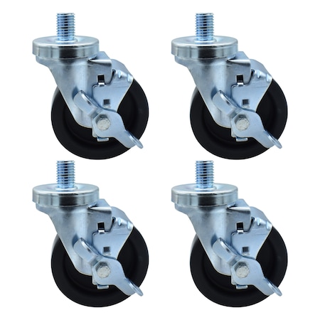 Bk Resources 4-inch Threaded Stem Casters, Polyolefin Wheels, Top Lock Brake, 300lb Capacity, 4PK 4SBR-6ST-LDP-PS4